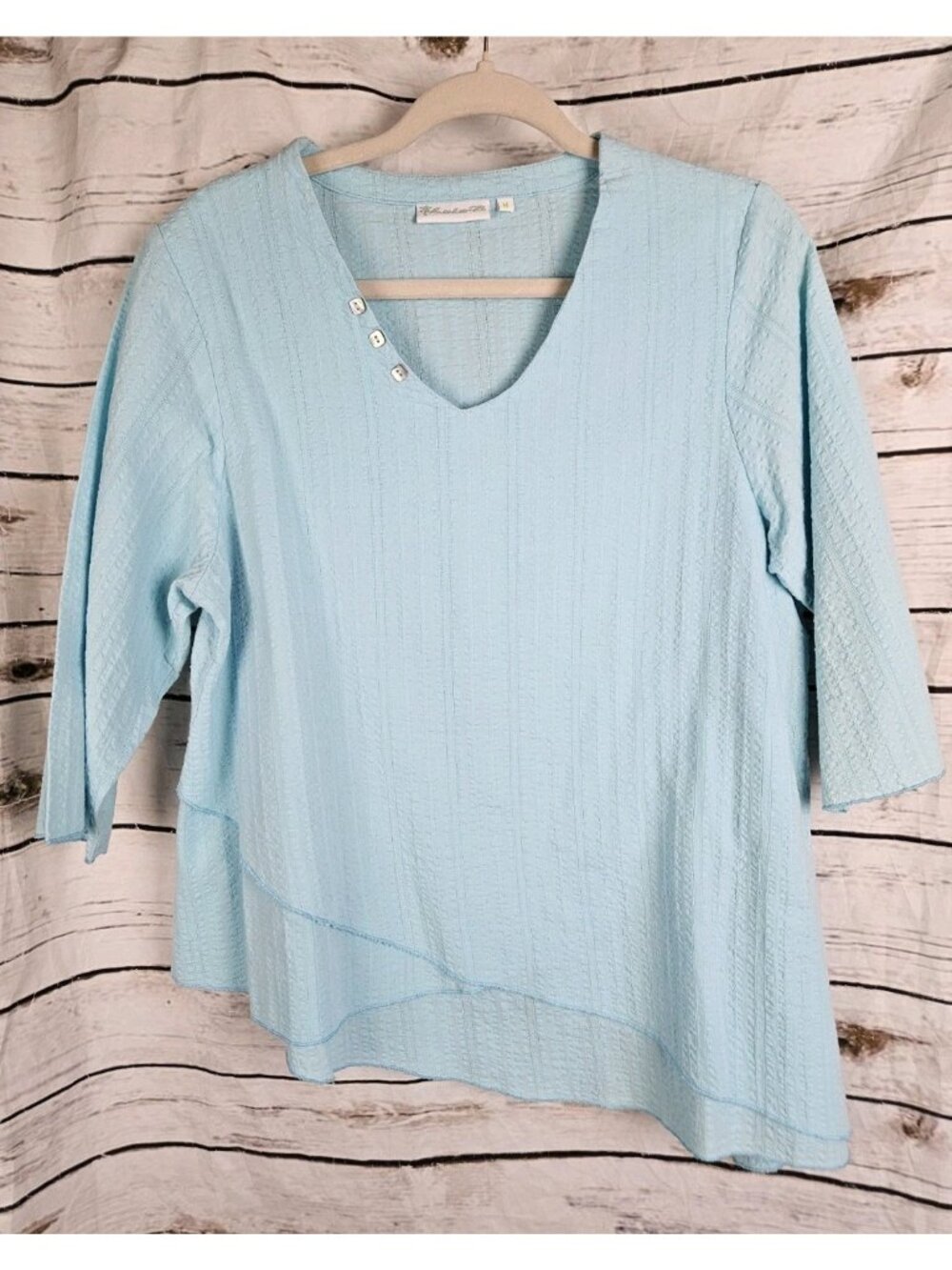 Lulu B Aqua Blue Asymmetrical Textured Top M 3/4 Sleeves 100% Cotton